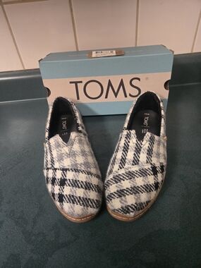 Toms Black and White Plaid Slip-On Moccasins